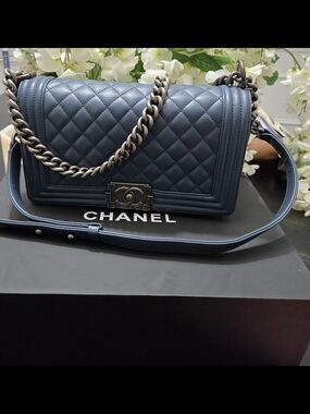 Chanel Boy Bag in Quilted Lambskin With Ruthenium Hardware Navy Blue Medium